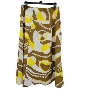Vtg 80's Retro 70's Mod Geometric Print A-line Full Midi Skirt Brown Yellow Sz L
